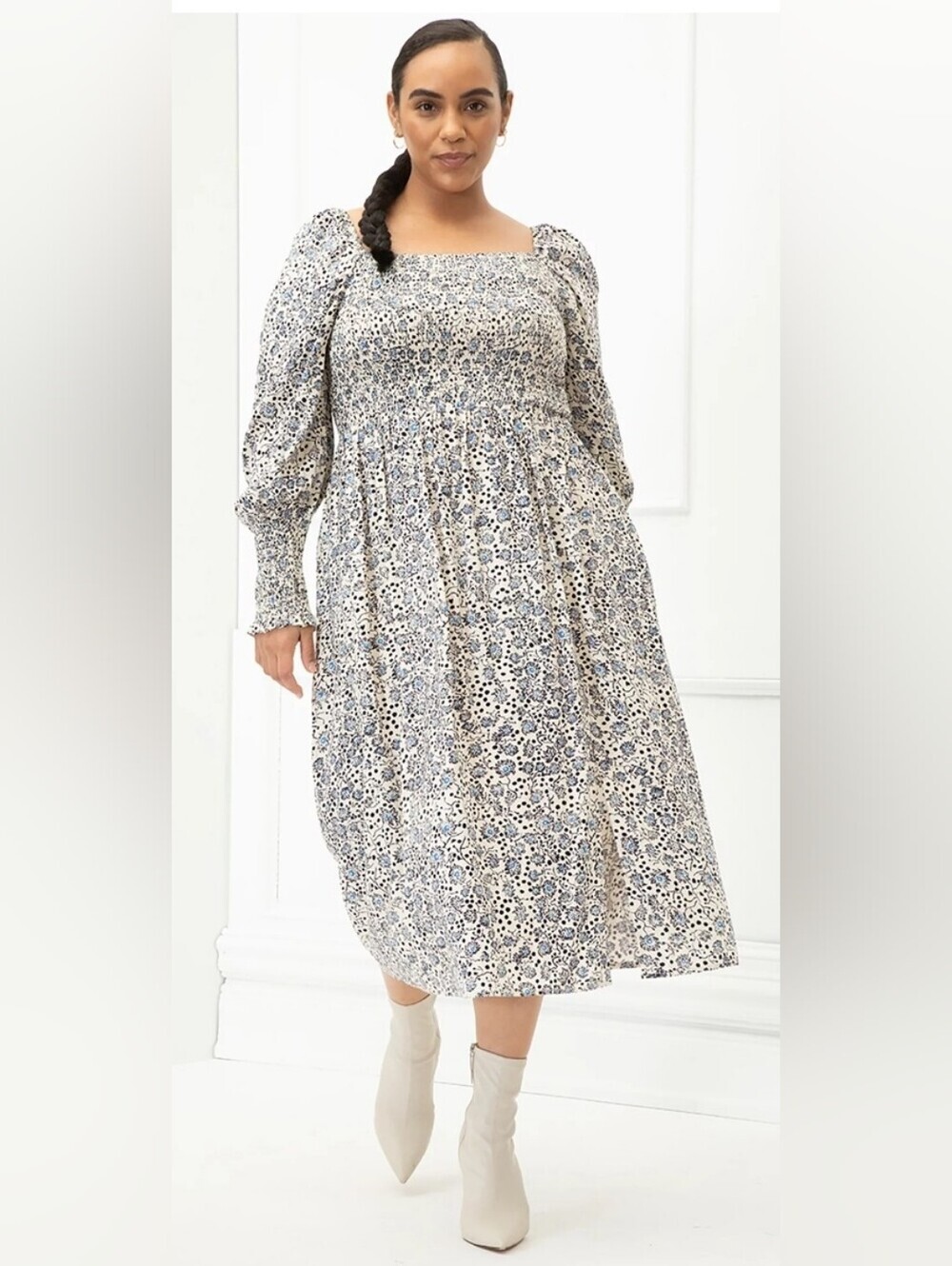 Eloquii Elements Dandelion Midi Dress Size 18/20 XL Smocked Puff Sleeve Cottage